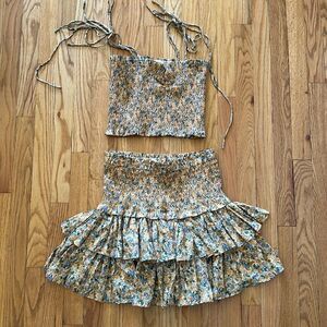 The Reset sz L tank skirt set yellow green purple floral ruched elastic ruffled